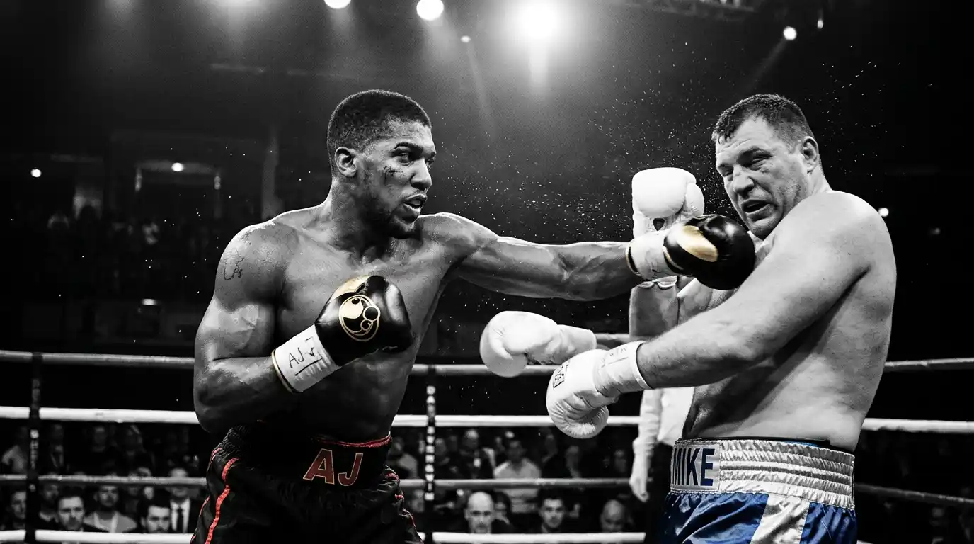 Pugile aggressivo che cerca lo scambio nel mezzo del ring sotto le luci