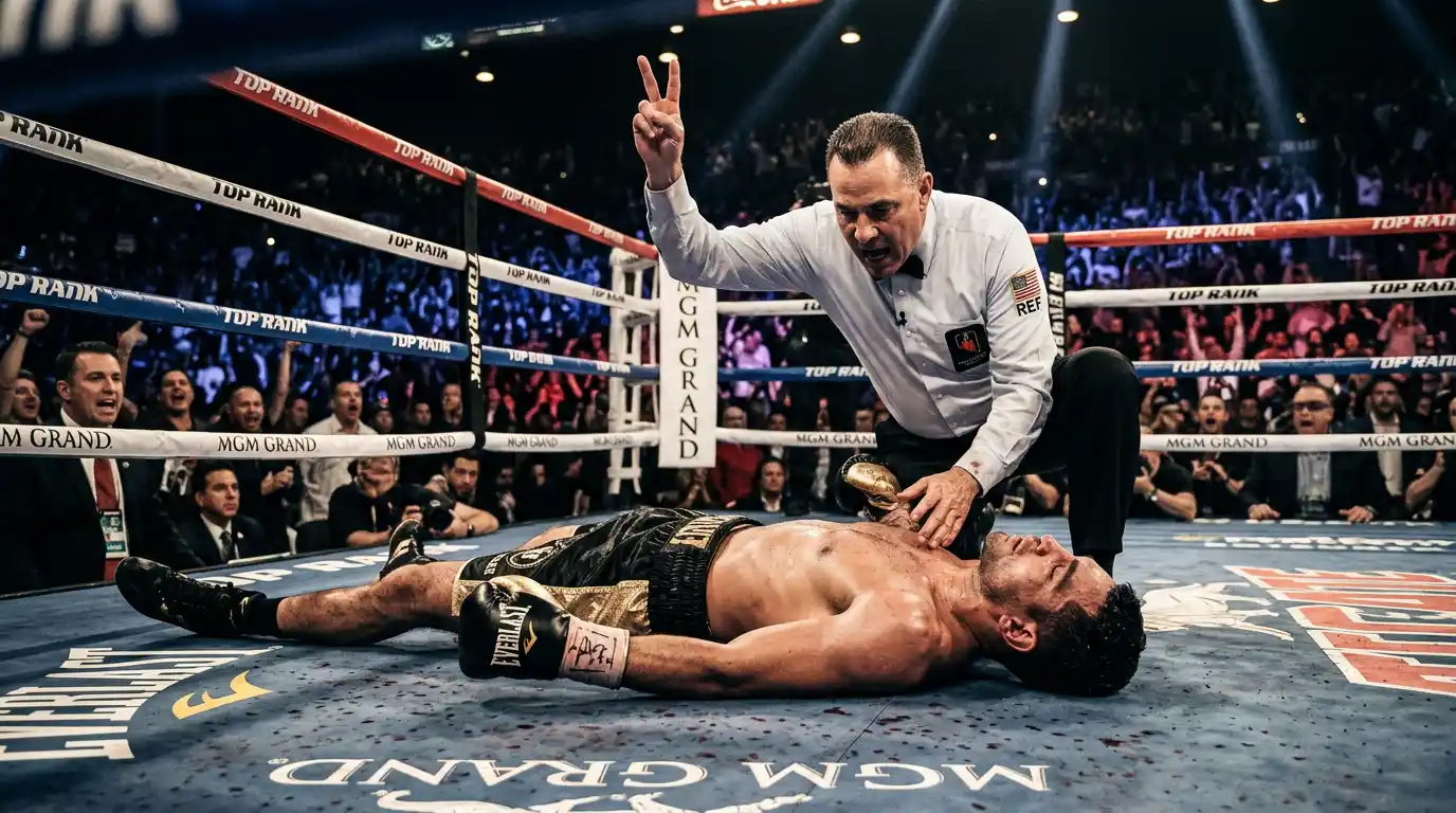 Pugile a terra mentre l'arbitro inizia il conteggio sul ring