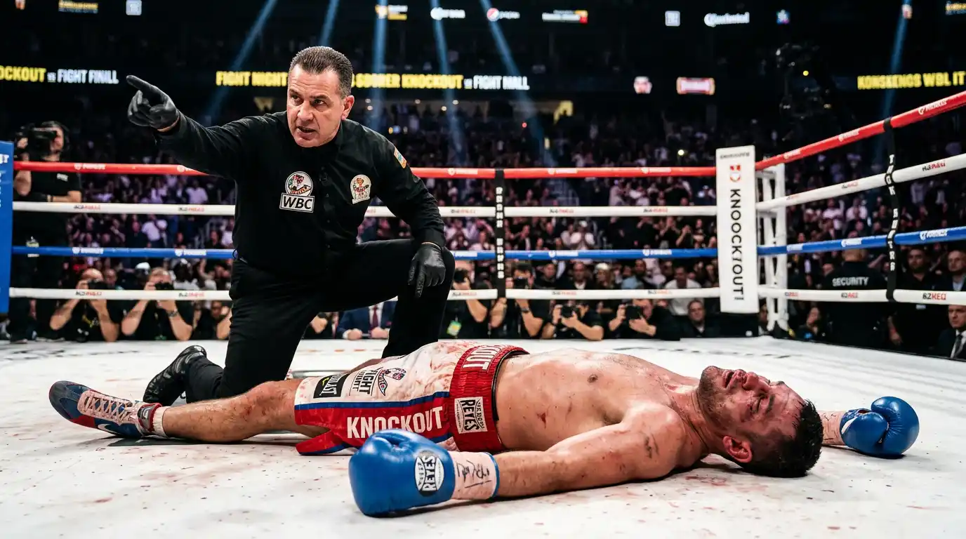 Pugile a terra dopo un colpo decisivo nel round esatto sotto le luci del ring