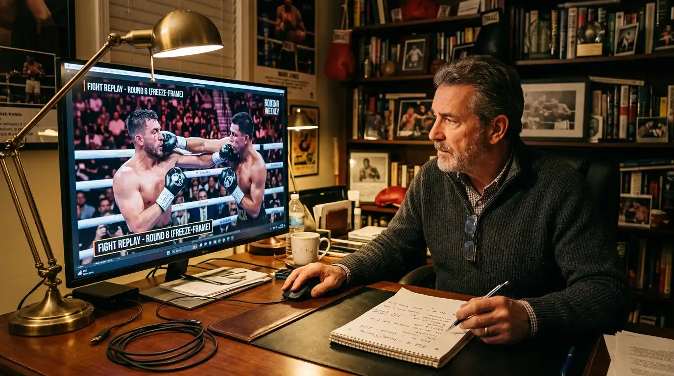 Analista boxe studia i replay degli ultimi match per leggere lo stile dei pugili