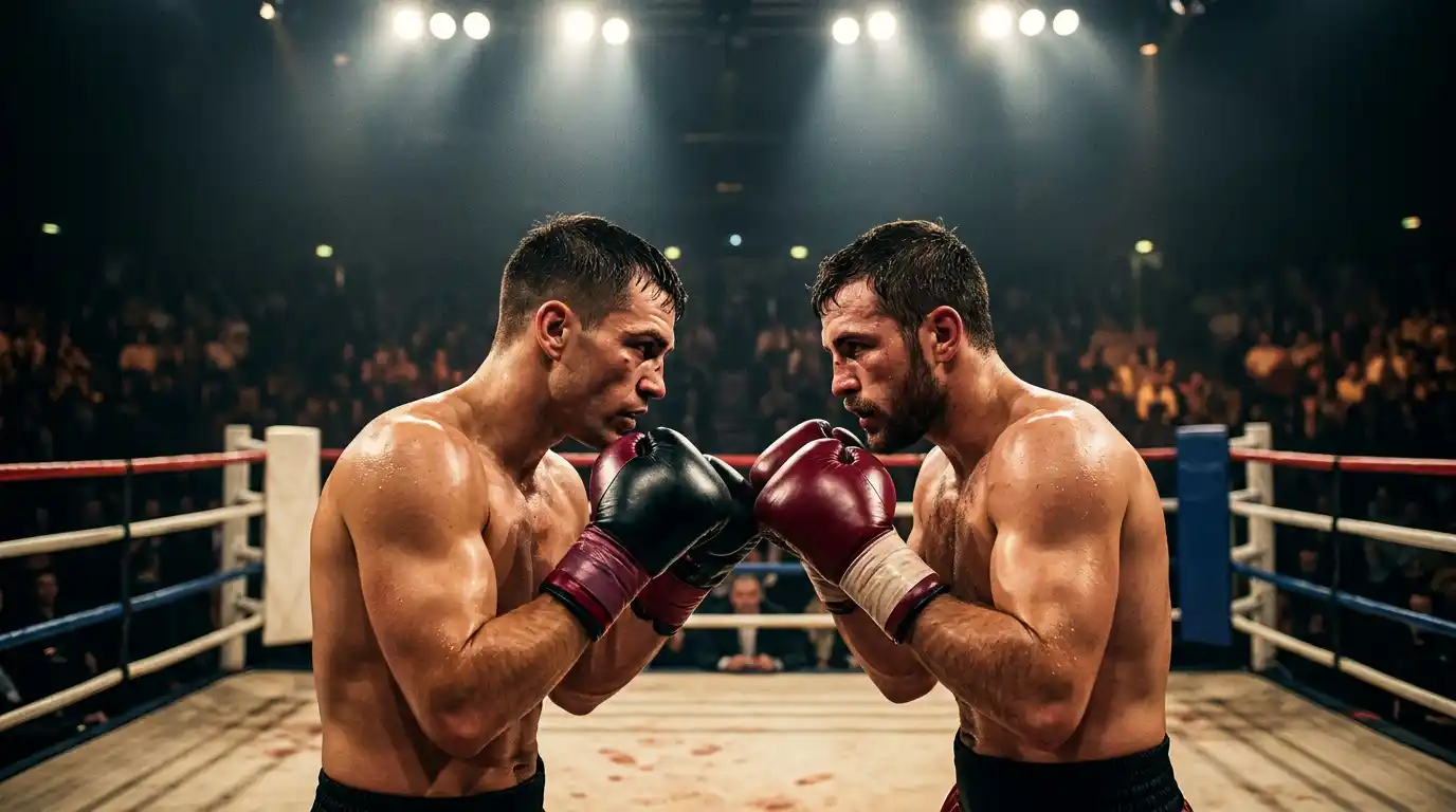 Due pugili professionisti si affrontano sotto i riflettori del ring durante un incontro di boxe