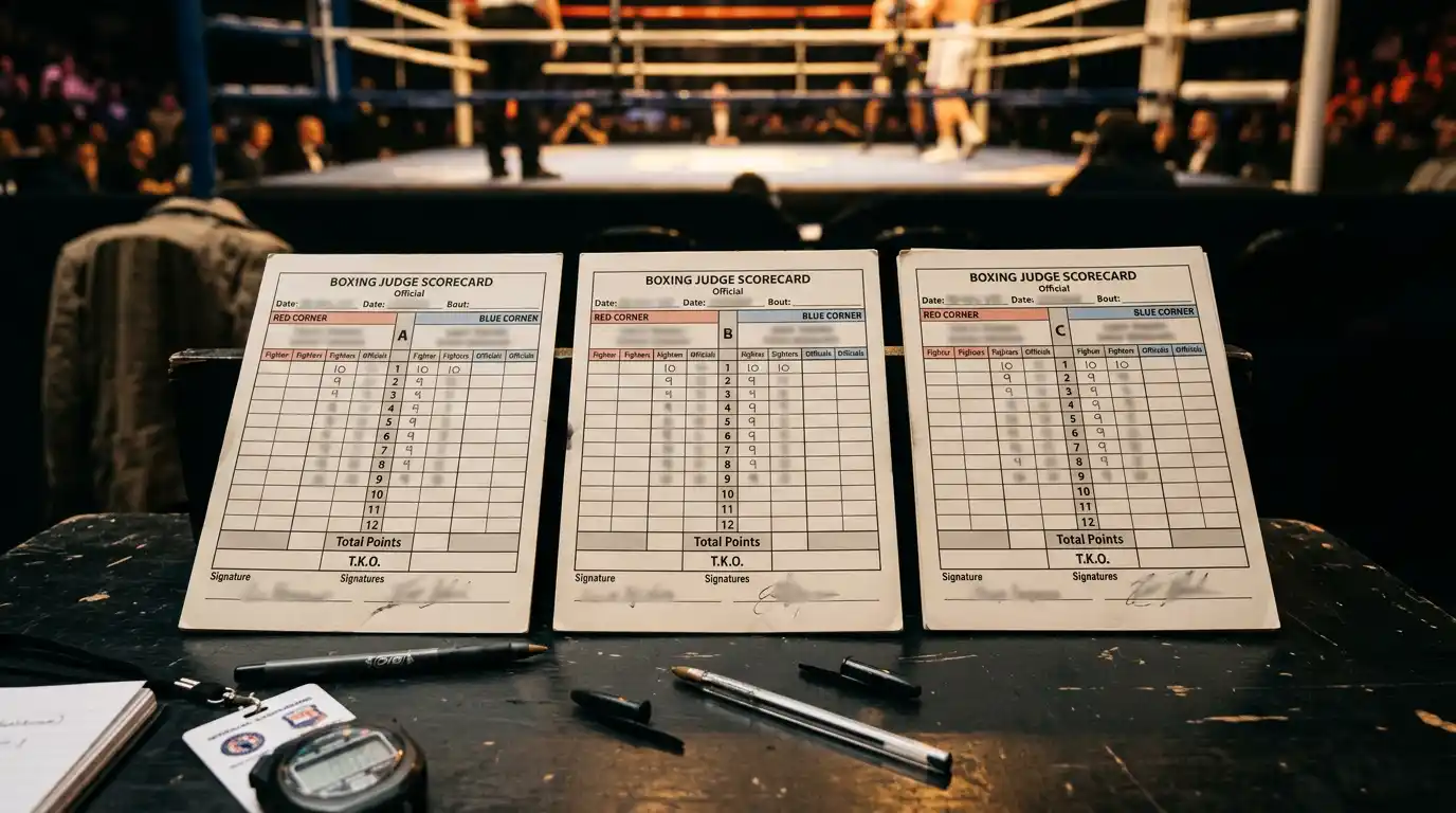 Cartellini dei giudici di un incontro di boxe disposti sotto i riflettori del ring di Las Vegas