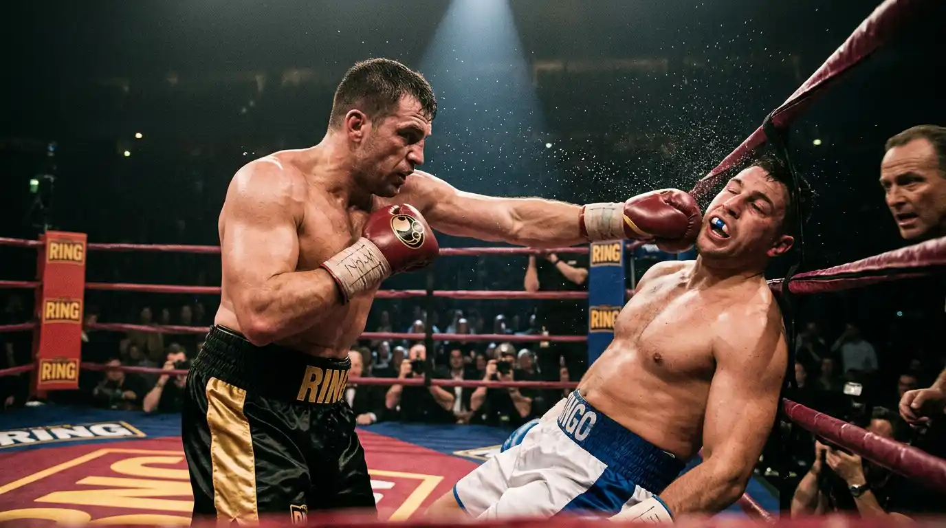 Pugile sferra un gancio destro che manda al tappeto l'avversario durante un incontro di boxe
