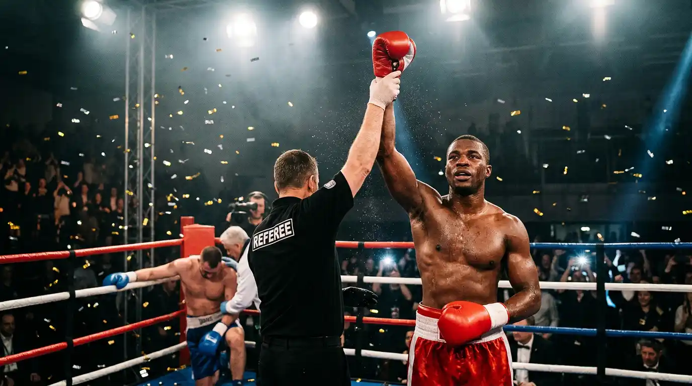 Arbitro alza il braccio del vincitore dopo un knockout in un incontro di boxe professionistica
