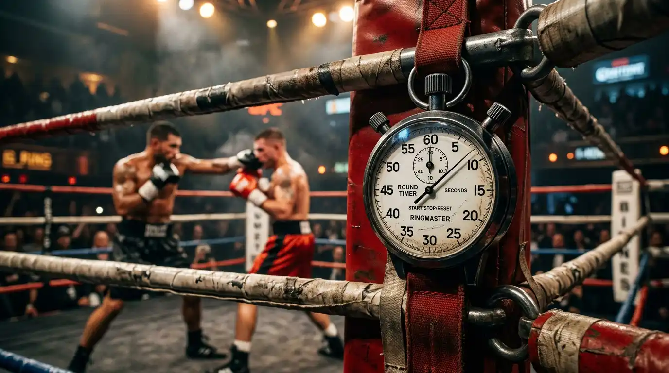 Cronometro sul ring durante un incontro di boxe professionistica con due pugili in azione
