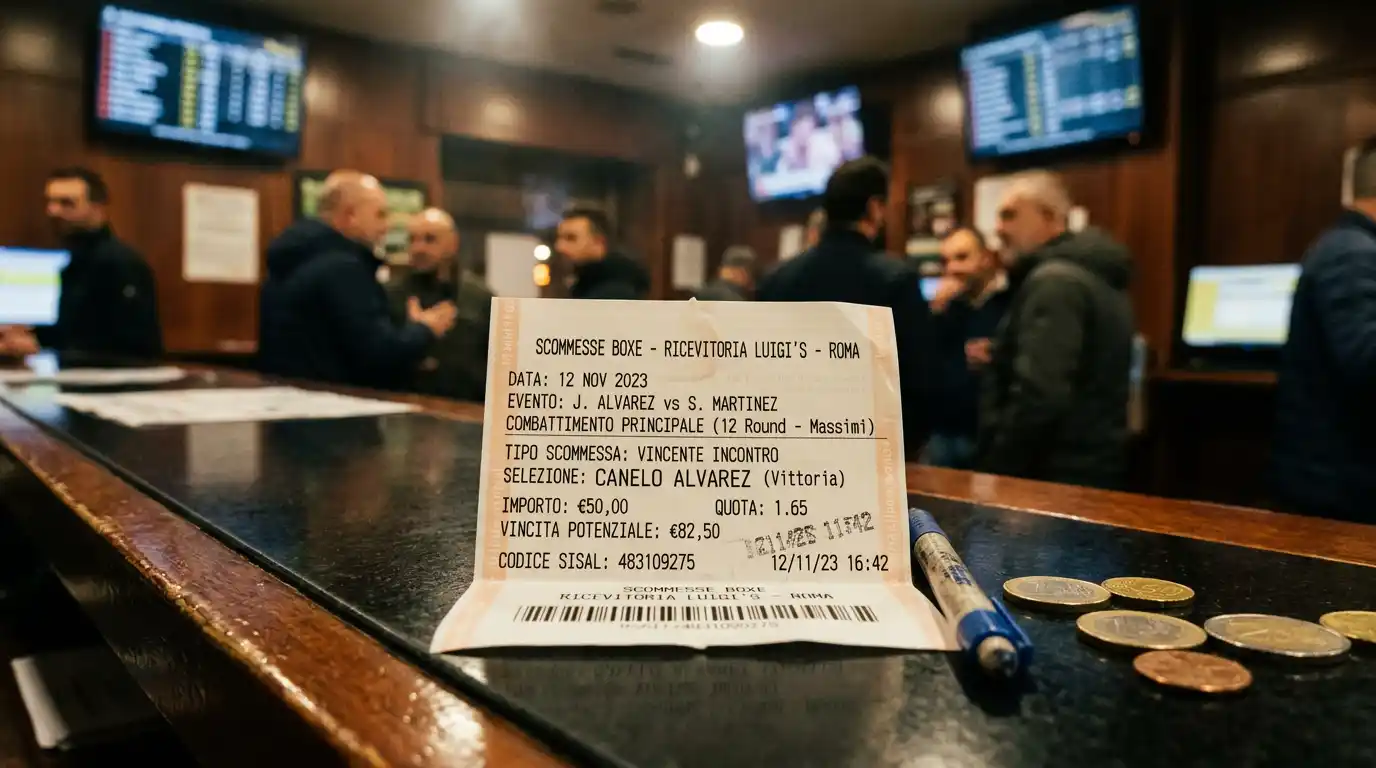Un biglietto di scommessa boxe poggiato su un bancone illuminato del bookmaker