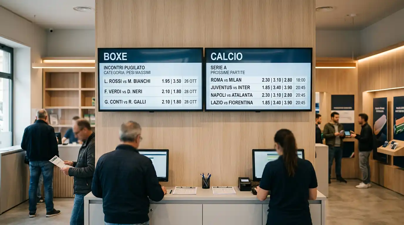 Due schermi a confronto mostrano un palinsesto boxe accanto a un palinsesto calcio in una sala scommesse