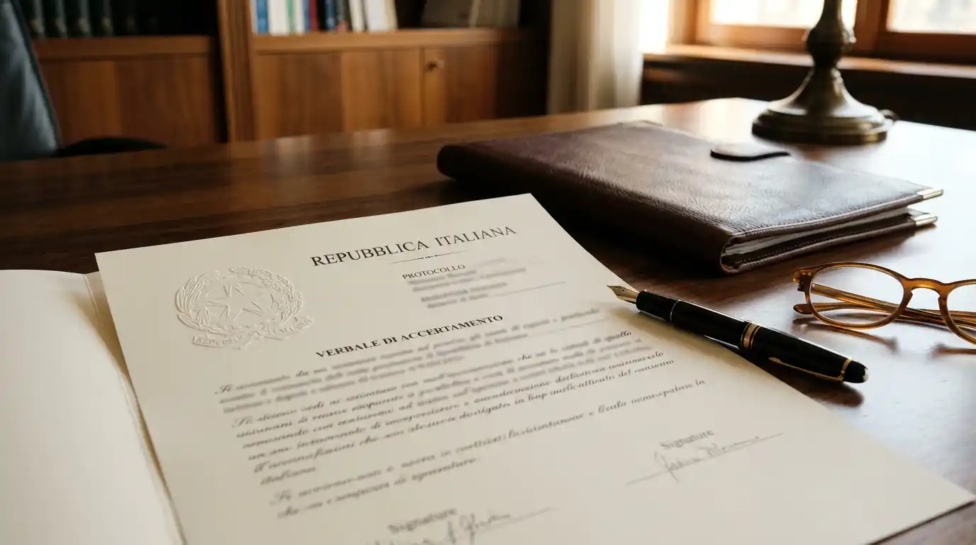 Documento ufficiale italiano con timbri istituzionali su una scrivania da ufficio