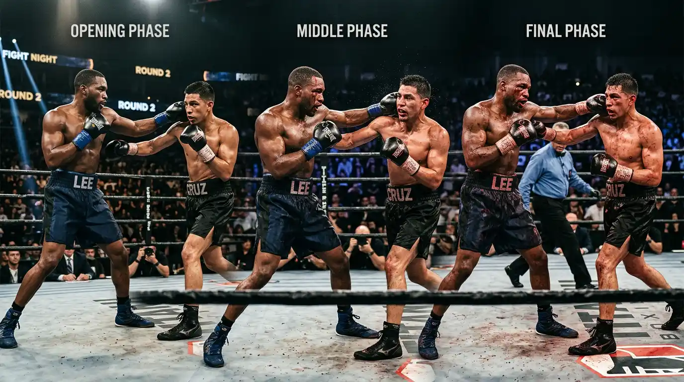 Tre fasi del match boxe rappresentate da apertura, metà e finale del combattimento