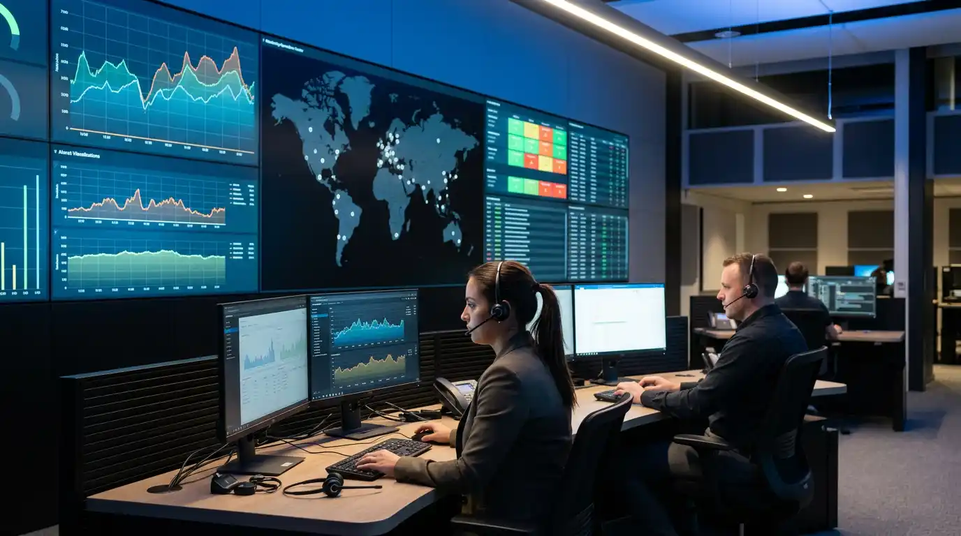 Schermi di monitoraggio in una sala operativa che analizzano flussi di quote sportive