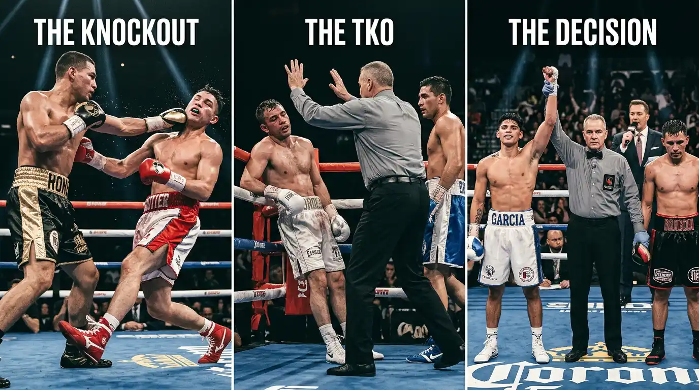 Tre situazioni di fine match a confronto: knockout, TKO e decisione finale