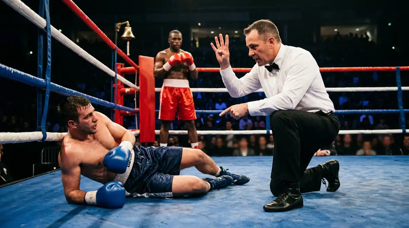 Arbitro effettua il conteggio dopo un KO al quinto round di un title fight pugilistico
