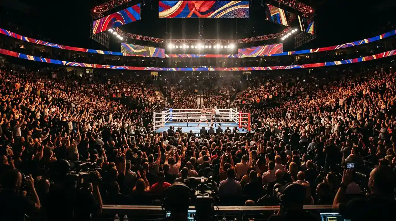 Folla numerosa in una grande arena di pugilato durante un evento televisivo internazionale