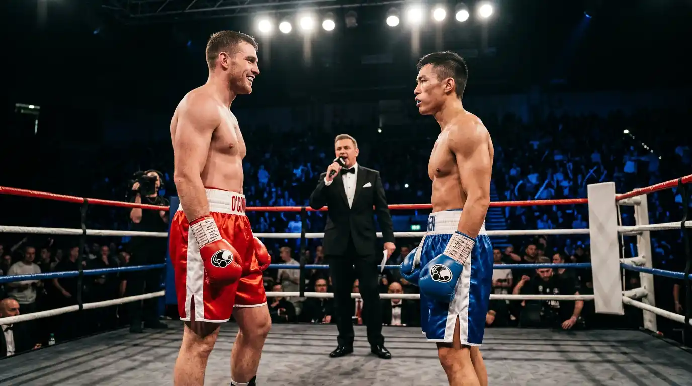 Due pugili sul ring durante un title fight con quote favorito e sfidante esposte a margine
