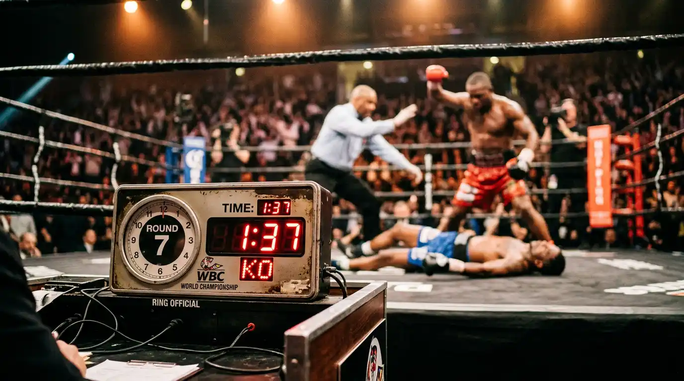 Tabellone del round e cronometro che si fermano nel momento esatto del knockout