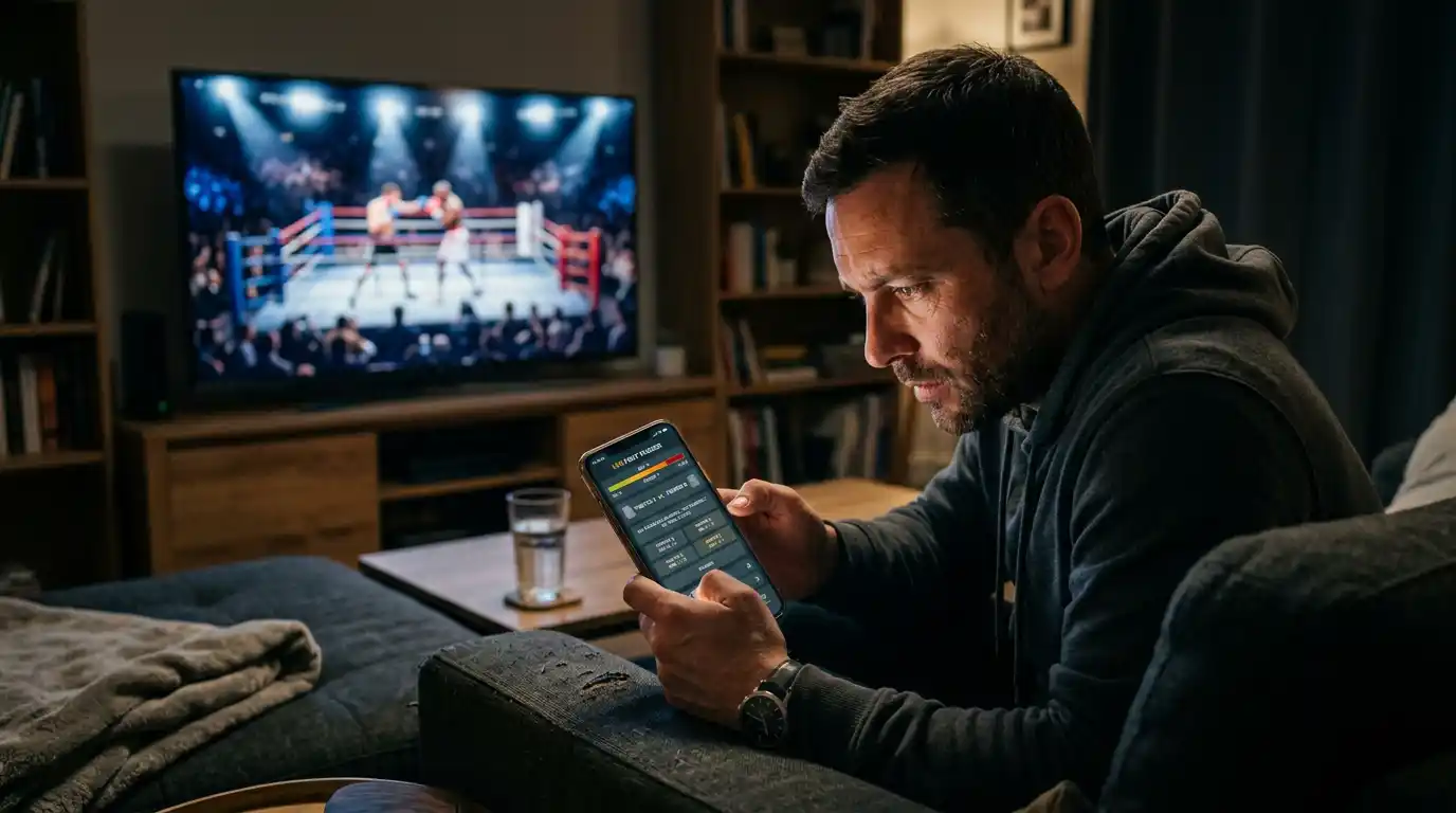Tifoso segue un incontro di pugilato dal vivo su smartphone con quote live aperte