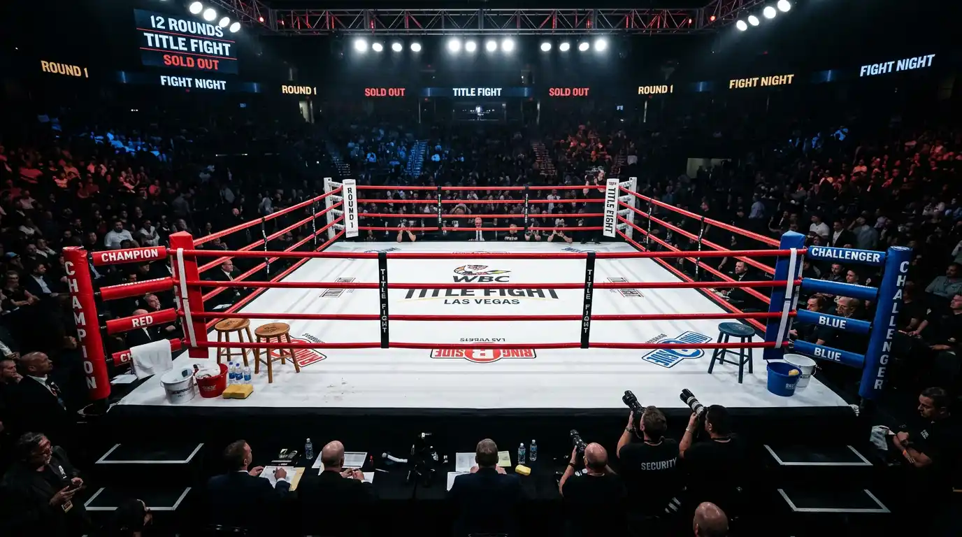 Ring di un title fight da dodici round con illuminazione professionale